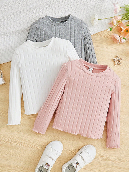 Tween Girls Slim Fit Casual Simple Comfortable Versatile Ribbed Crew Neck Long Sleeve Tees Multi Pack