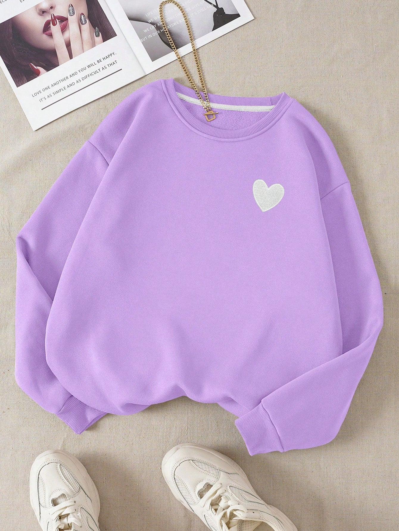 EZwear Heart Print Thermal Lined Sweatshirt,Long Sleeve Tops