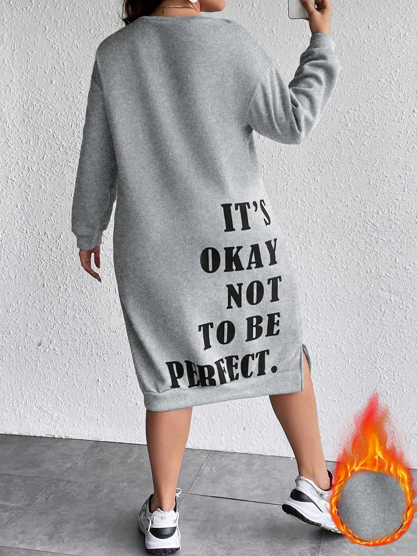 Women's Plus Size Slogan Printed Slit Drop Shoulder Sweatshirt Dress