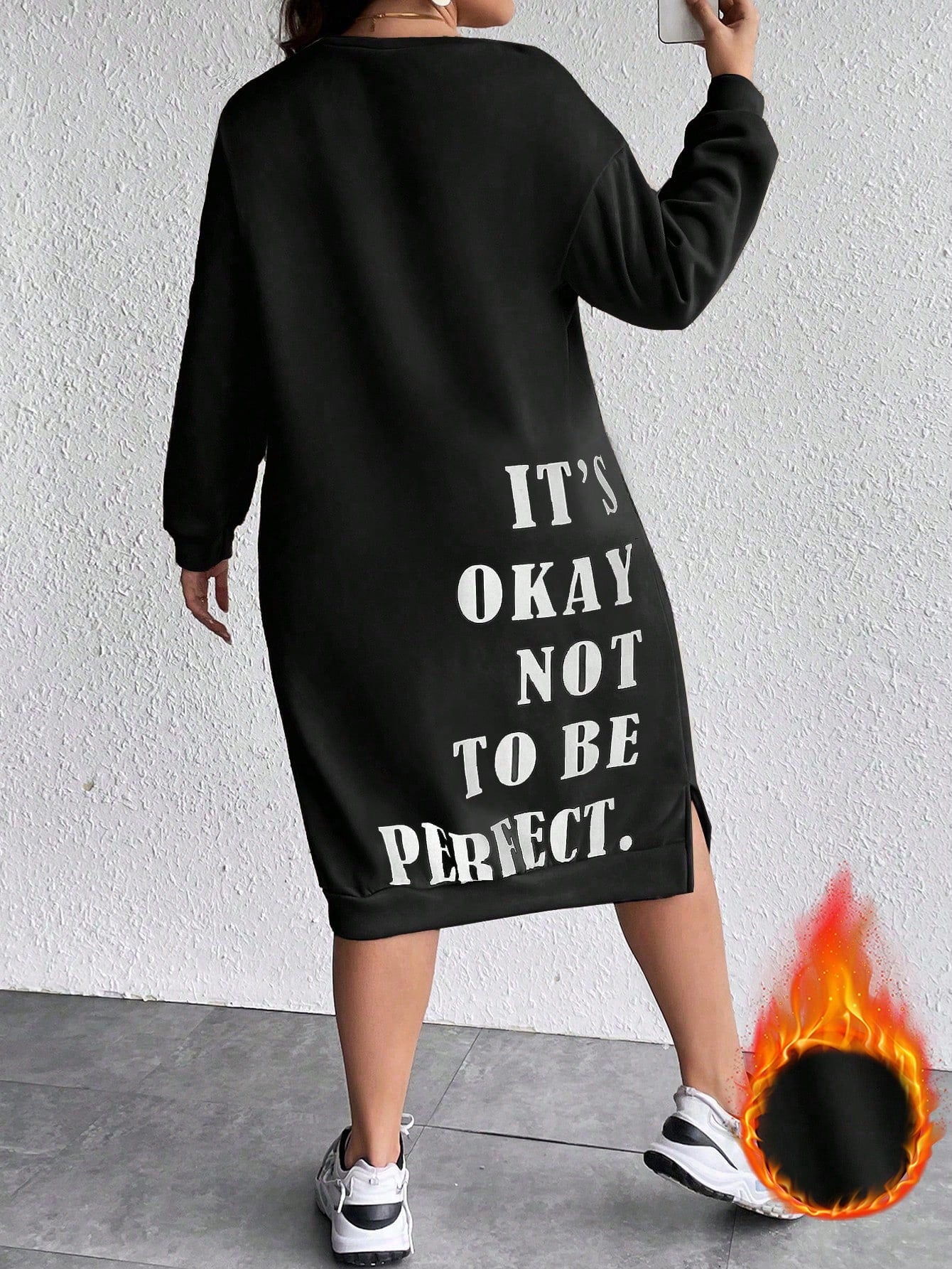 Women's Plus Size Slogan Printed Slit Drop Shoulder Sweatshirt Dress