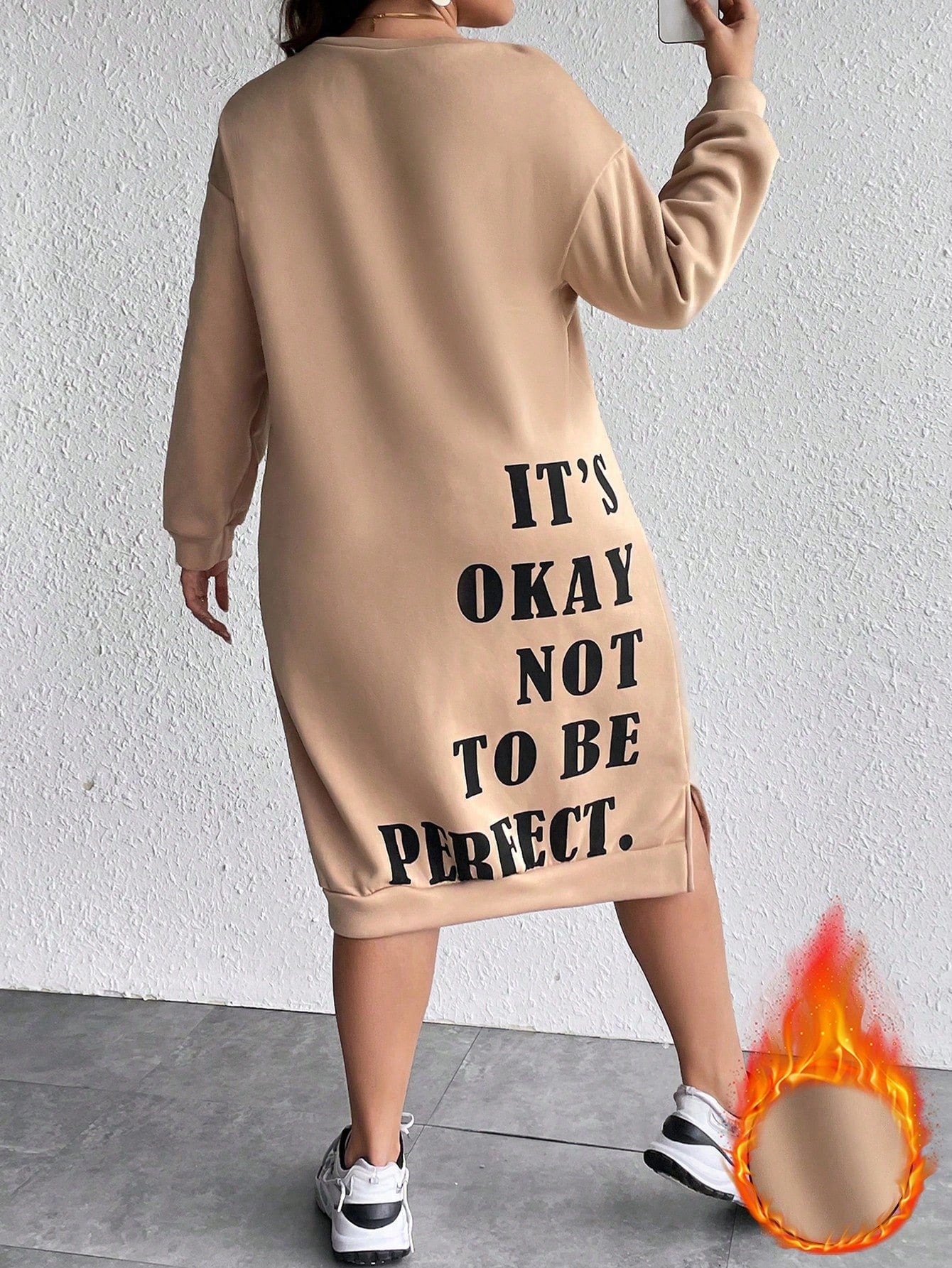 Women's Plus Size Slogan Printed Slit Drop Shoulder Sweatshirt Dress