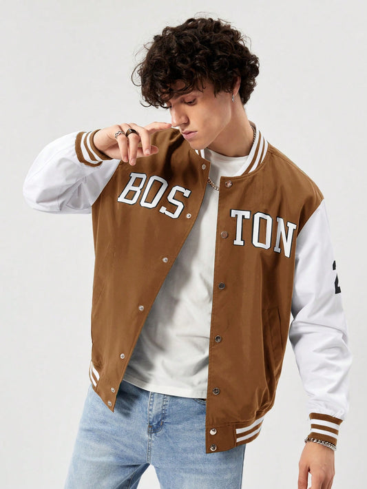 Manfinity RebelGame Oversized Men's Letter Graphic Striped Trim Varsity Jacket