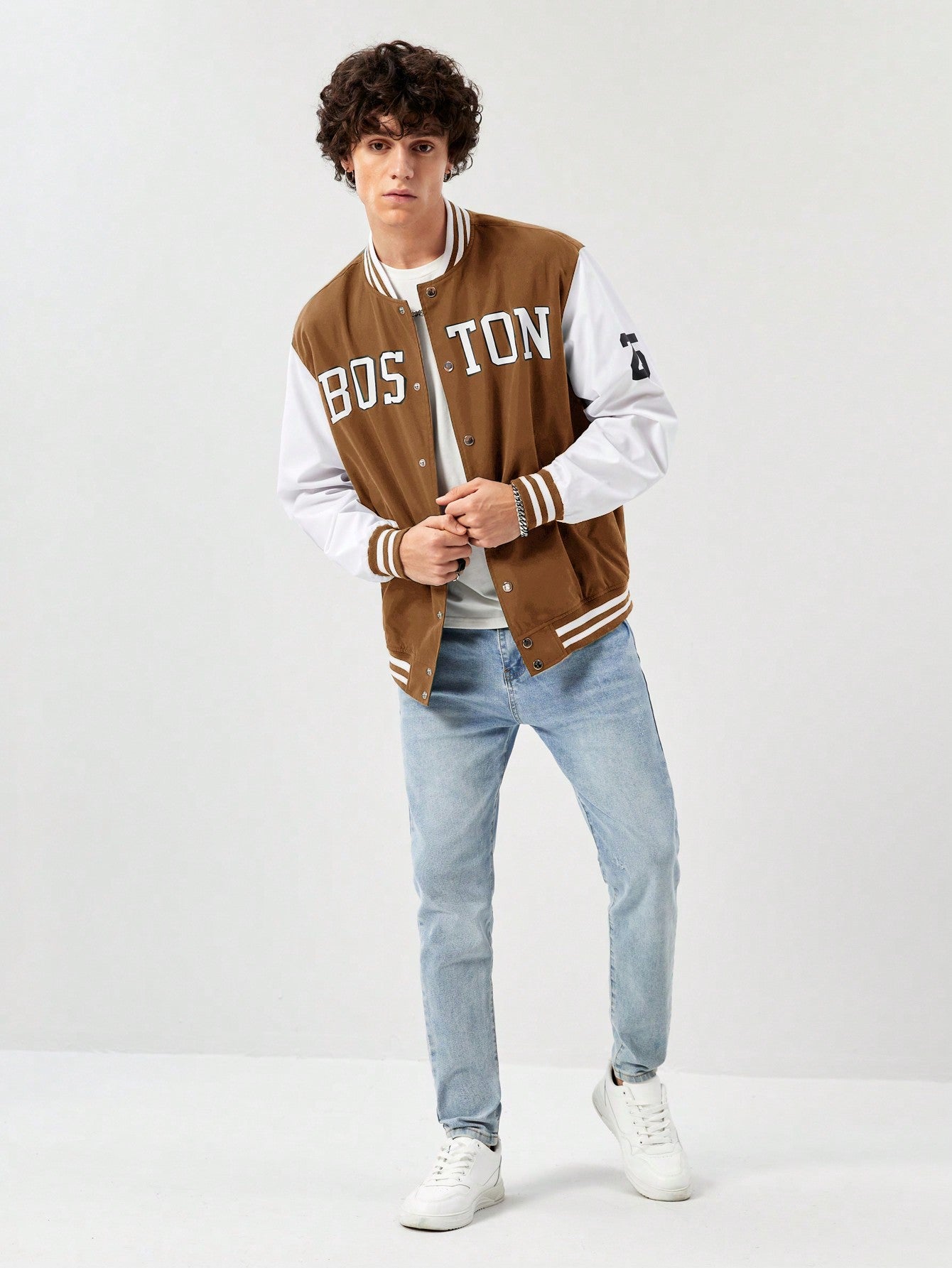 Manfinity RebelGame Oversized Men's Letter Graphic Striped Trim Varsity Jacket