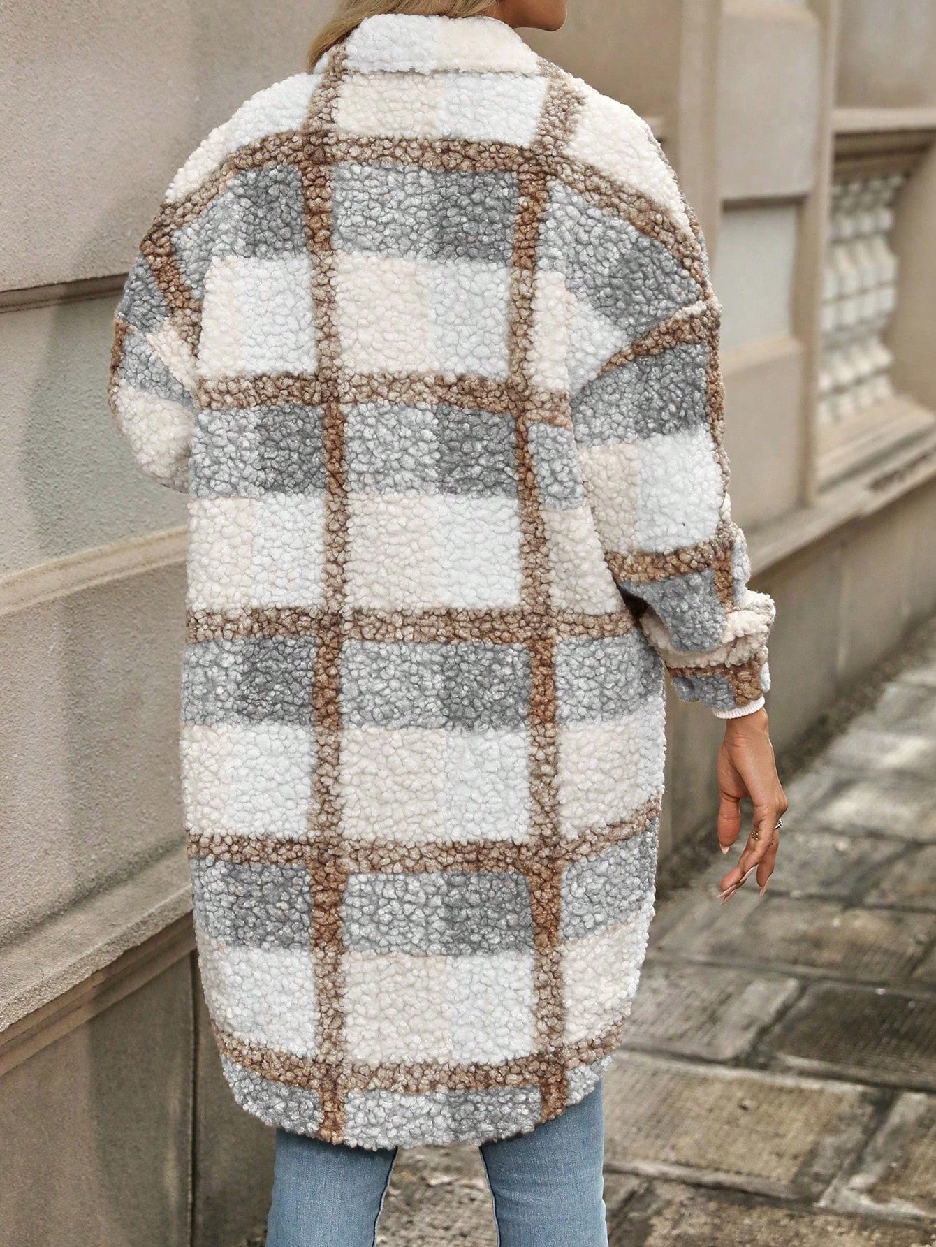 Relaxiva Plaid Print Drop Shoulder Teddy Coat