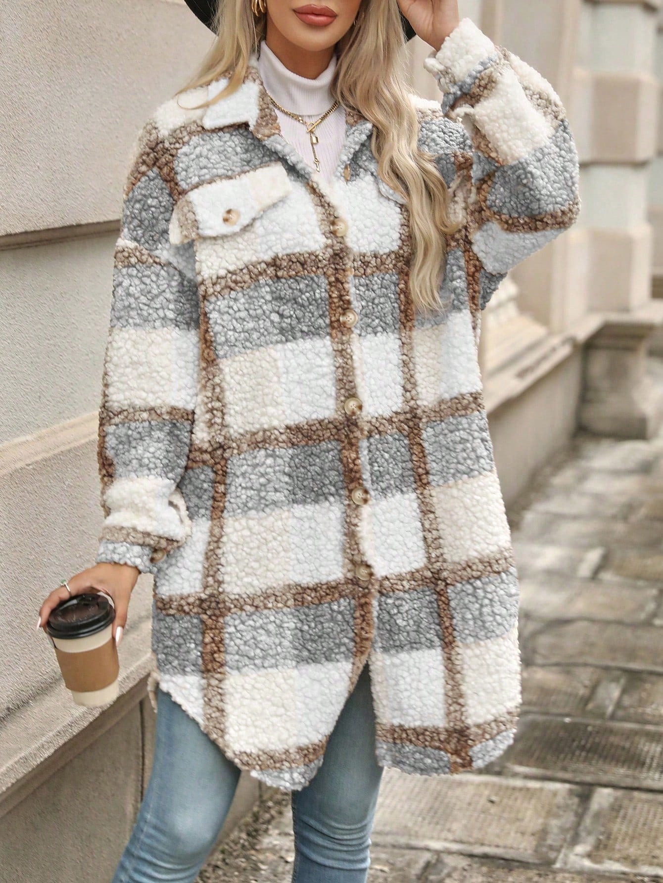 Relaxiva Plaid Print Drop Shoulder Teddy Coat