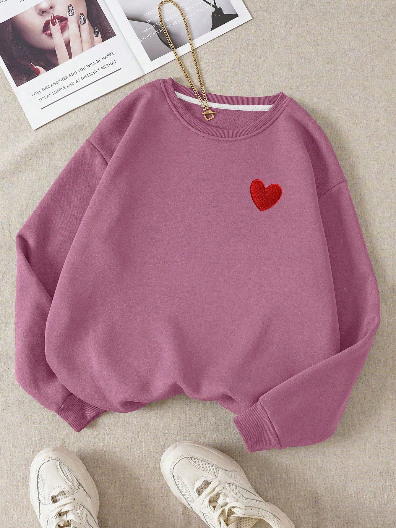 EZwear Heart Print Thermal Lined Sweatshirt,Long Sleeve Tops