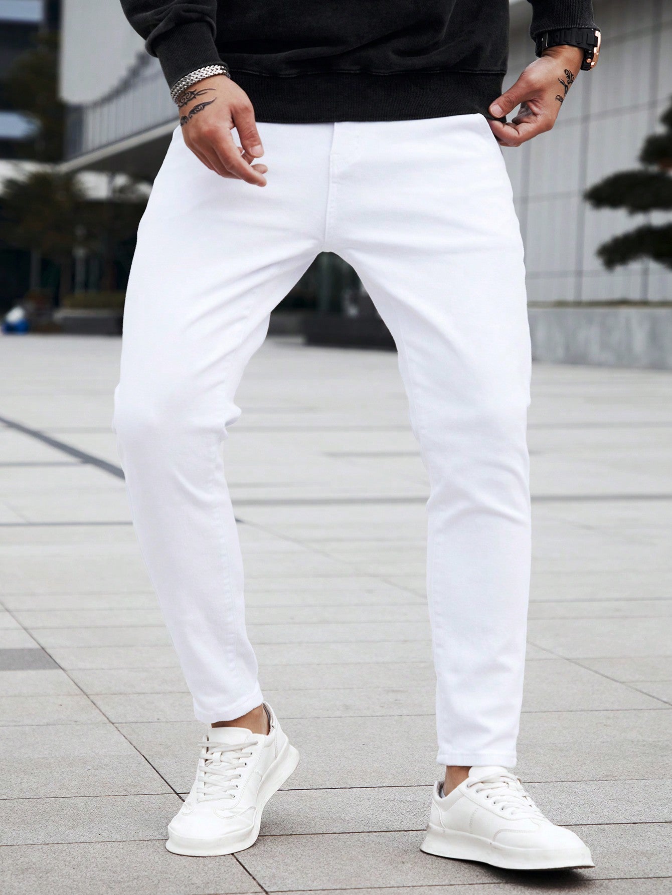 Manfinity Homme Men's Slim Fit Jeans Long Washed Light Jean Cargo Plain All White Work Business Casual Husband