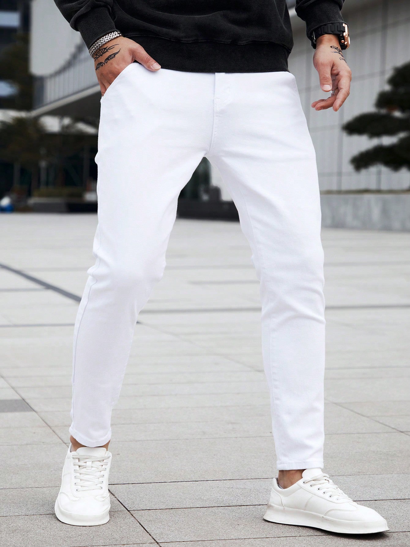 Manfinity Homme Men's Slim Fit Jeans Long Washed Light Jean Cargo Plain All White Work Business Casual Husband