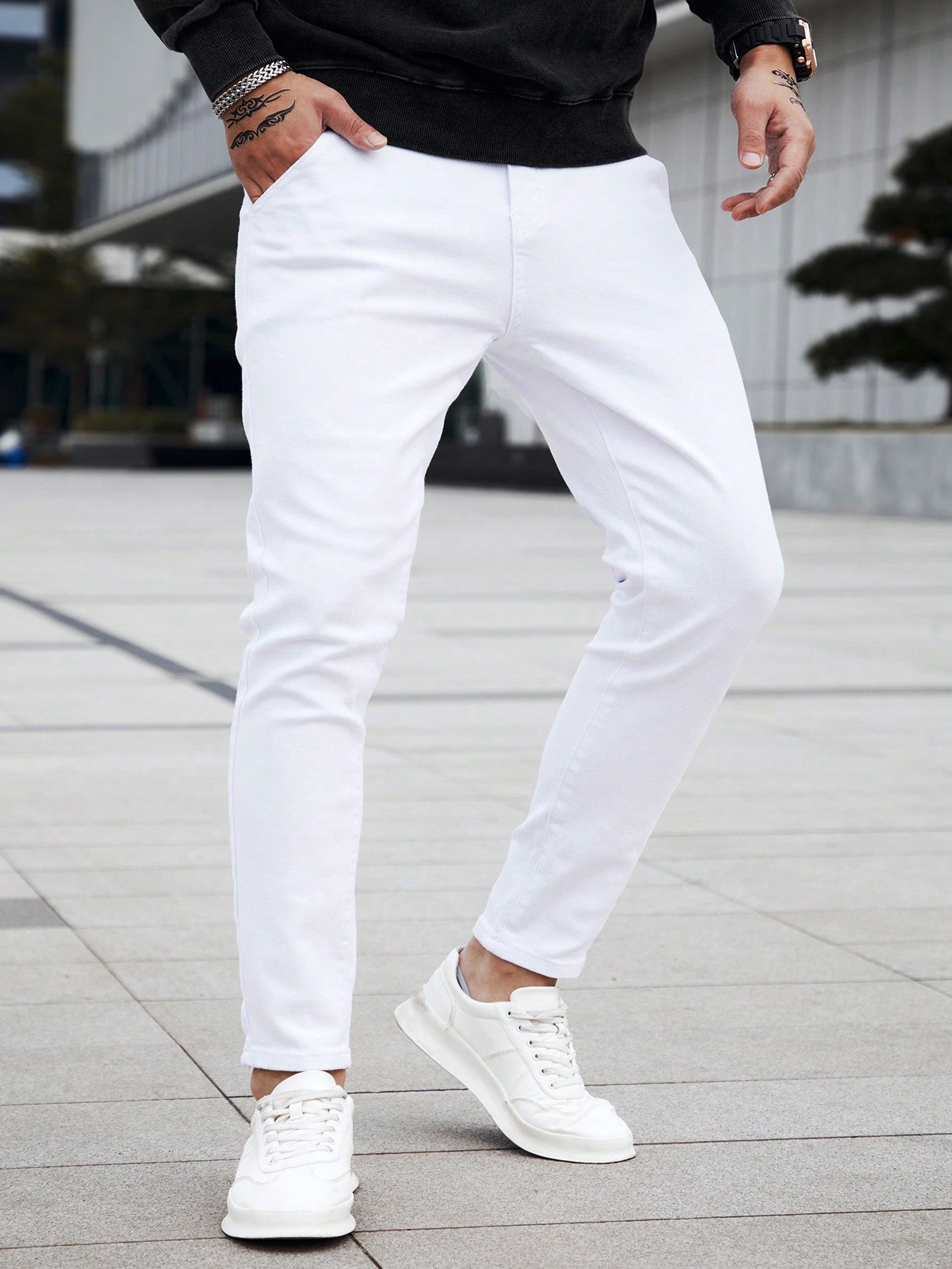 Manfinity Homme Men's Slim Fit Jeans Long Washed Light Jean Cargo Plain All White Work Business Casual Husband