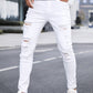 Manfinity LEGND Men Cotton Ripped Frayed Skinny Jeans Slim Fit Long Jean Cargo Plain All White Office Casual Husband