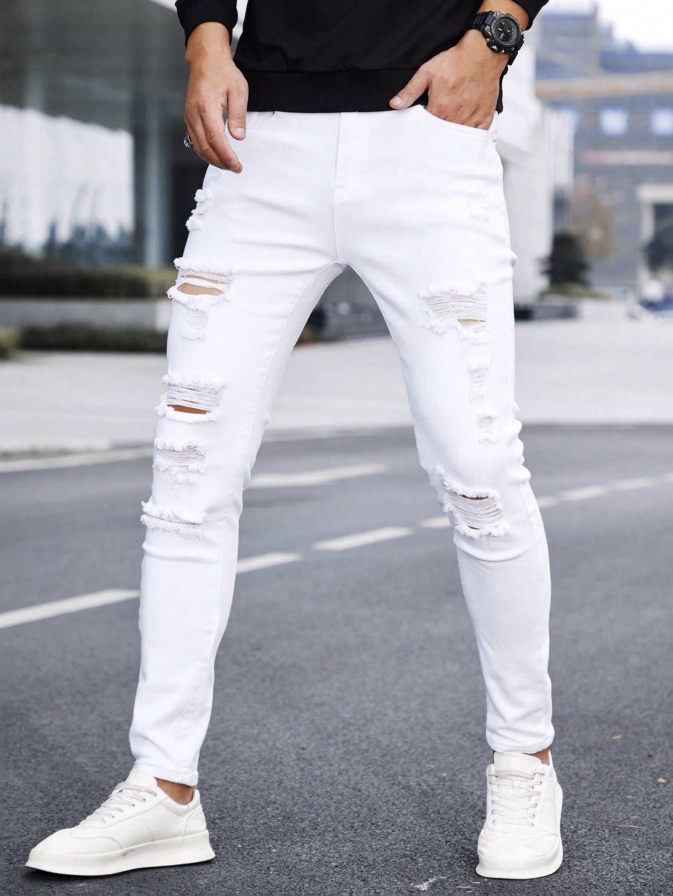 Manfinity LEGND Men Cotton Ripped Frayed Skinny Jeans Slim Fit Long Jean Cargo Plain All White Office Casual Husband