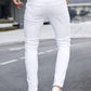 Manfinity LEGND Men Cotton Ripped Frayed Skinny Jeans Slim Fit Long Jean Cargo Plain All White Office Casual Husband