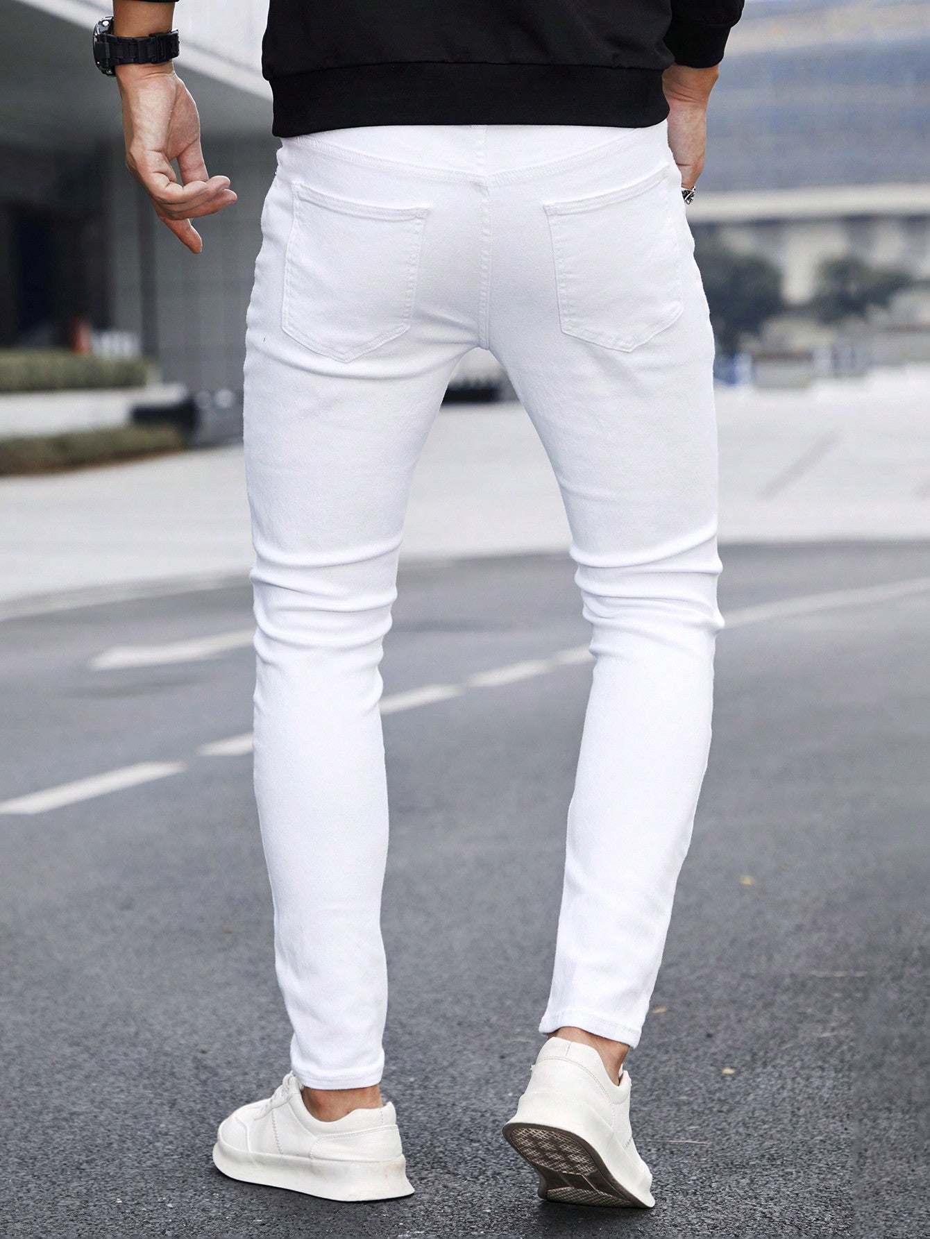 Manfinity LEGND Men Cotton Ripped Frayed Skinny Jeans Slim Fit Long Jean Cargo Plain All White Office Casual Husband