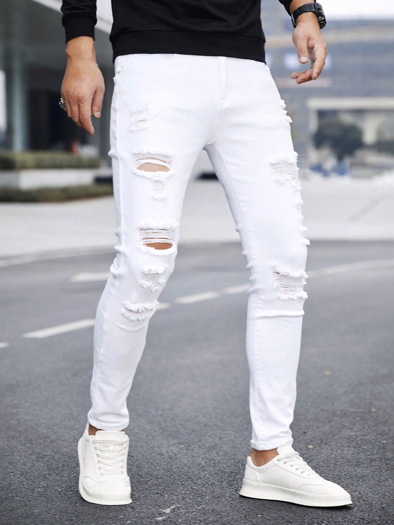 Manfinity LEGND Men Cotton Ripped Frayed Skinny Jeans Slim Fit Long Jean Cargo Plain All White Office Casual Husband