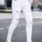 Manfinity LEGND Men Cotton Ripped Frayed Skinny Jeans Slim Fit Long Jean Cargo Plain All White Office Casual Husband