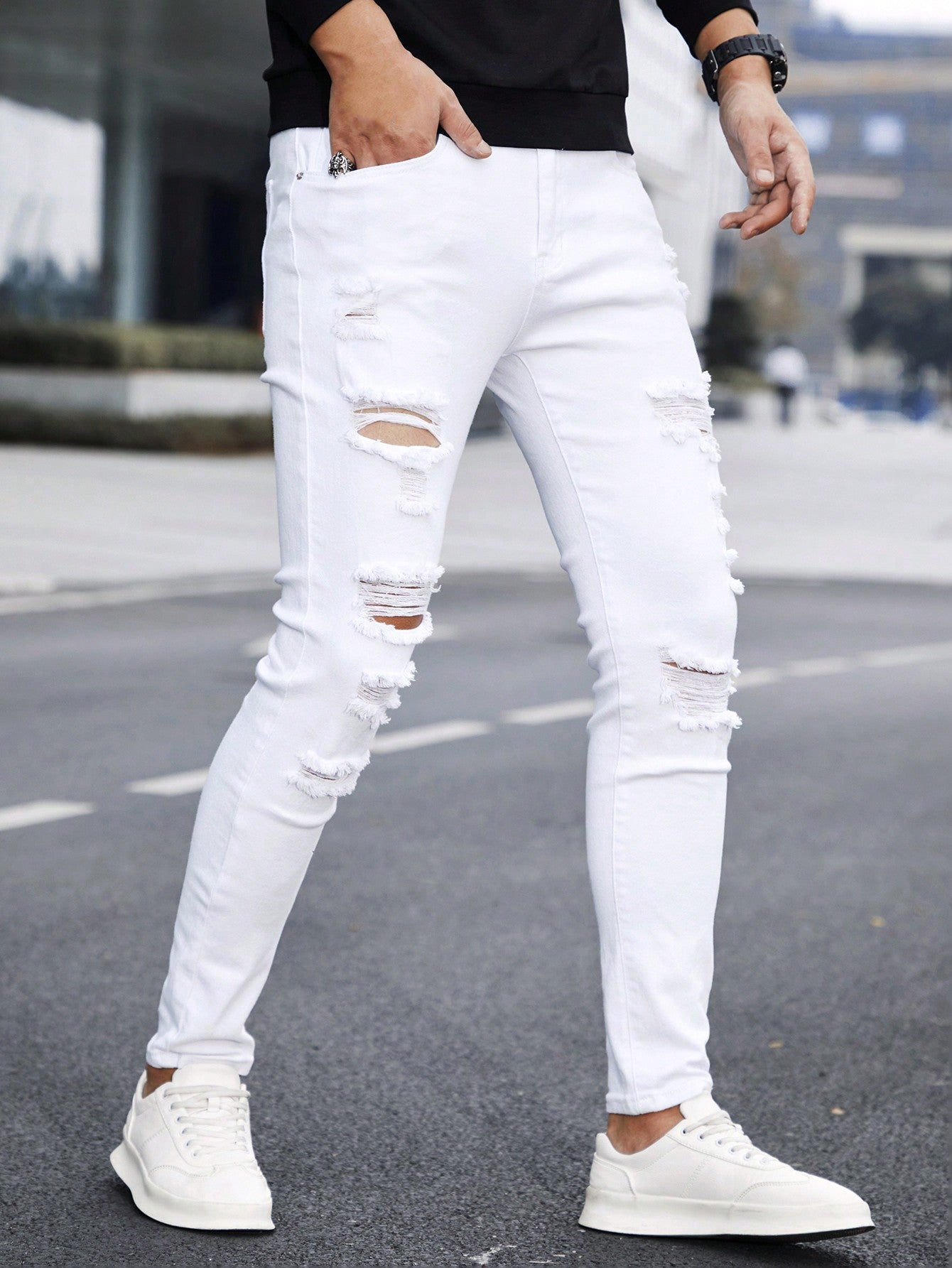 Manfinity LEGND Men Cotton Ripped Frayed Skinny Jeans Slim Fit Long Jean Cargo Plain All White Office Casual Husband