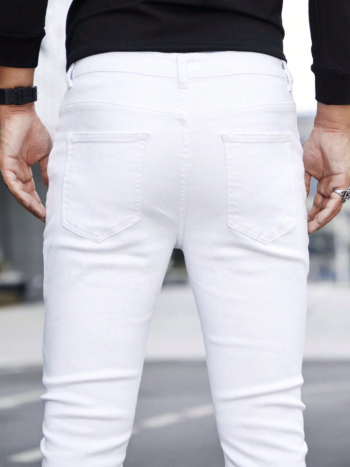 Manfinity LEGND Men Cotton Ripped Frayed Skinny Jeans Slim Fit Long Jean Cargo Plain All White Office Casual Husband