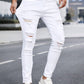 Manfinity LEGND Men Cotton Ripped Frayed Skinny Jeans Slim Fit Long Jean Cargo Plain All White Office Casual Husband