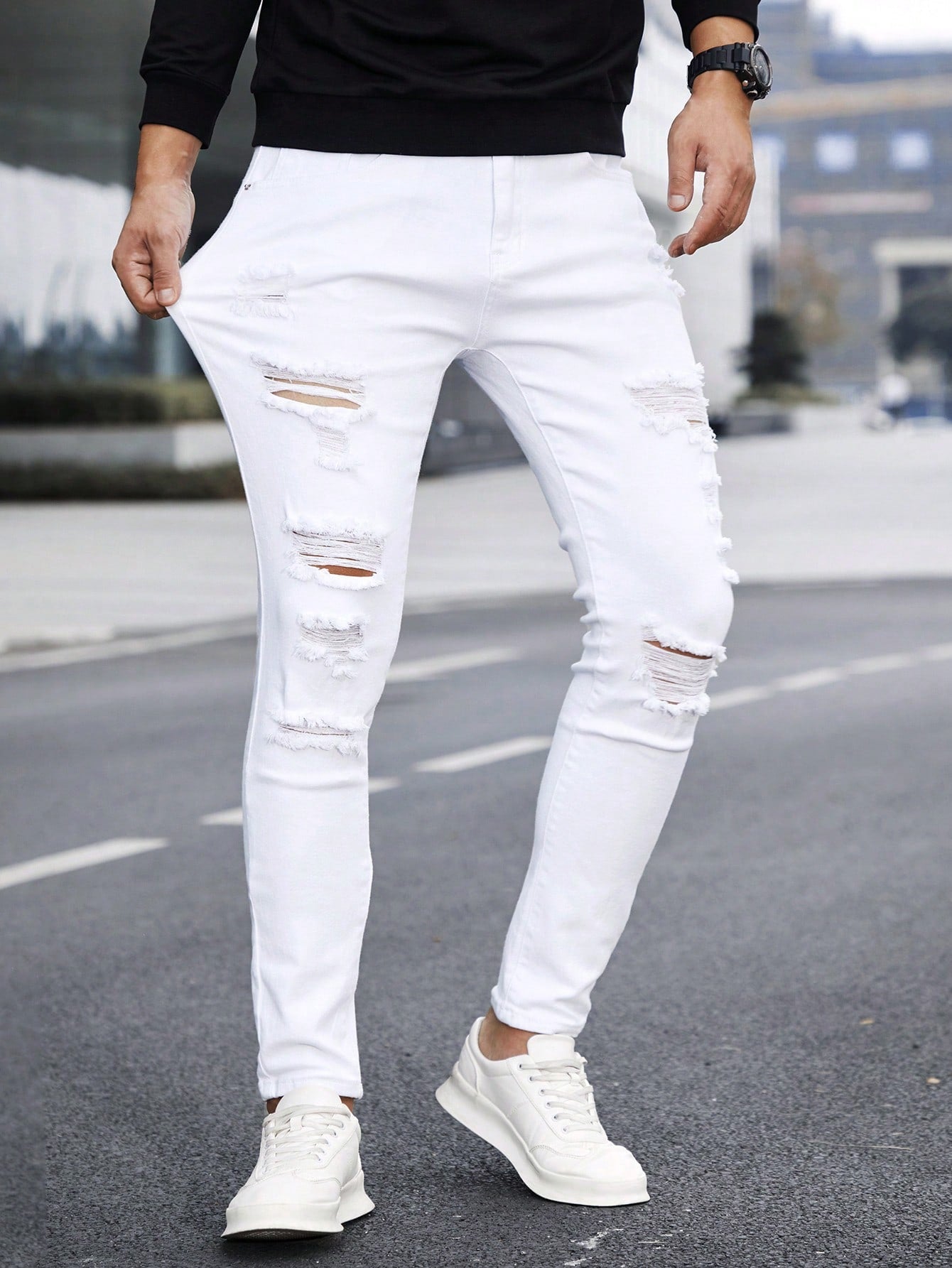 Manfinity LEGND Men Cotton Ripped Frayed Skinny Jeans Slim Fit Long Jean Cargo Plain All White Office Casual Husband