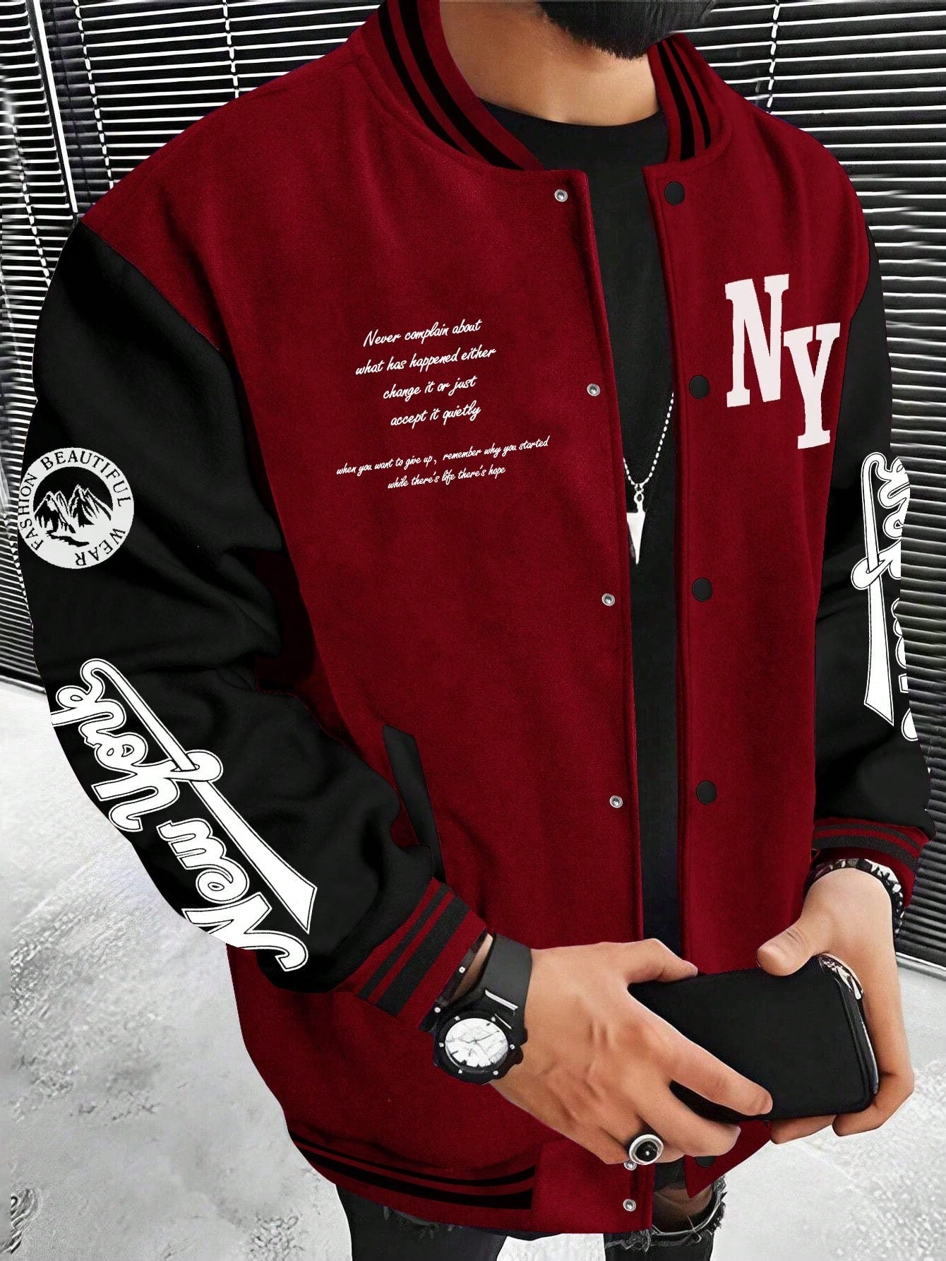 Manfinity Sporsity Men's Solid Color Patchwork Front Button Long Sleeve Letter Print Casual Jacket