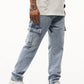 Manfinity Men Cotton Flap Pocket Side Cargo Jeans Straight Leg Long Washed Jean Plain Light Blue Going Out Street Wear Friends