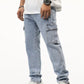 Manfinity Men Cotton Flap Pocket Side Cargo Jeans Straight Leg Long Washed Jean Plain Light Blue Going Out Street Wear Friends