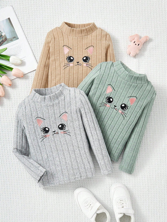 Young Girl 3pcs Cartoon Graphic Mock Neck Tee