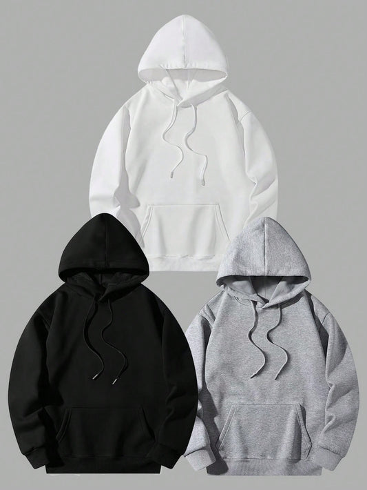 Manfinity Basics 3pcs/Set Men's Loose Fit Hoodie With Kangaroo Pocket And Drawstring