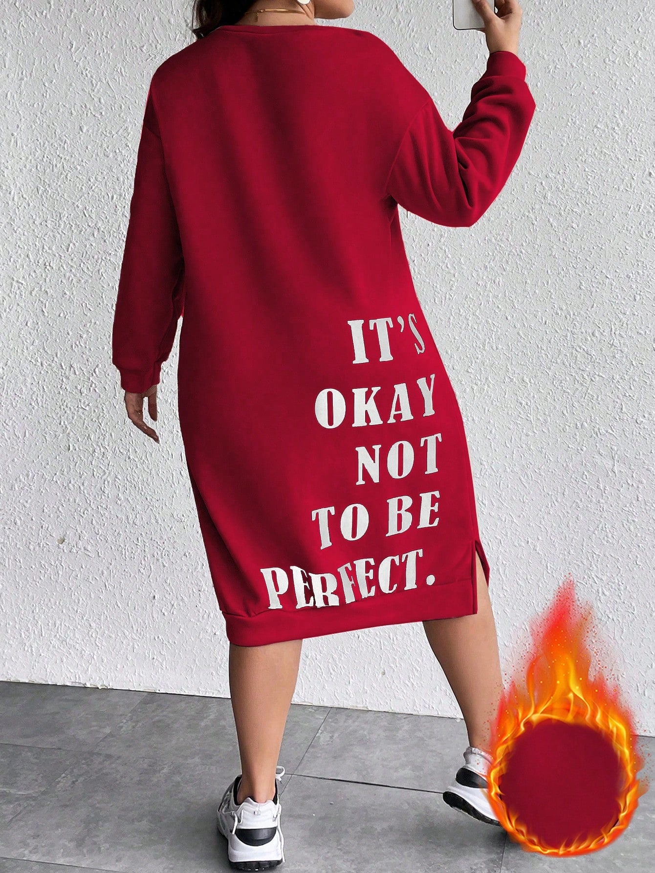 Women's Plus Size Slogan Printed Slit Drop Shoulder Sweatshirt Dress