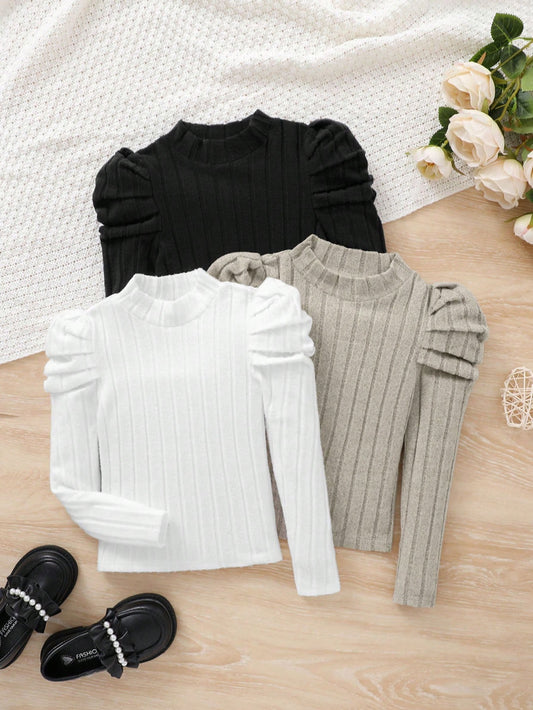 Young Girl Vintage Style Leg-Of-Mutton Sleeve Three-Piece Set Turtle Neck T-Shirt With Capri Top