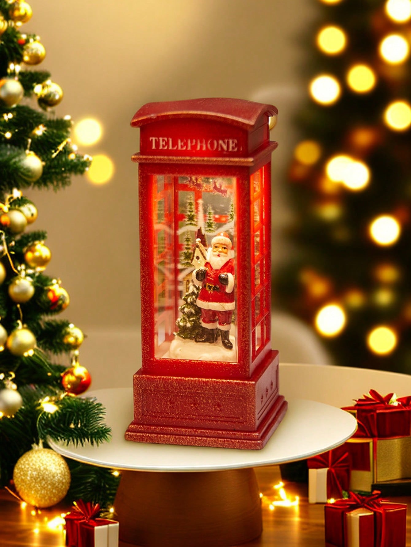 1pc Christmas Decoratives,Christmas Lanterns,Christmas Snow Globe,Musical Lighted Christmas,USB and Battery Glittering Swirling Red Telephone Booth