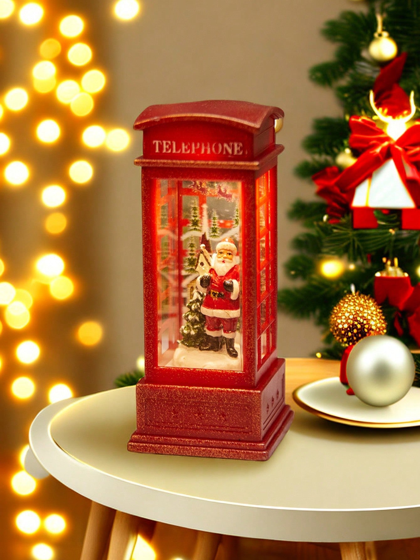 1pc Christmas Decoratives,Christmas Lanterns,Christmas Snow Globe,Musical Lighted Christmas,USB and Battery Glittering Swirling Red Telephone Booth