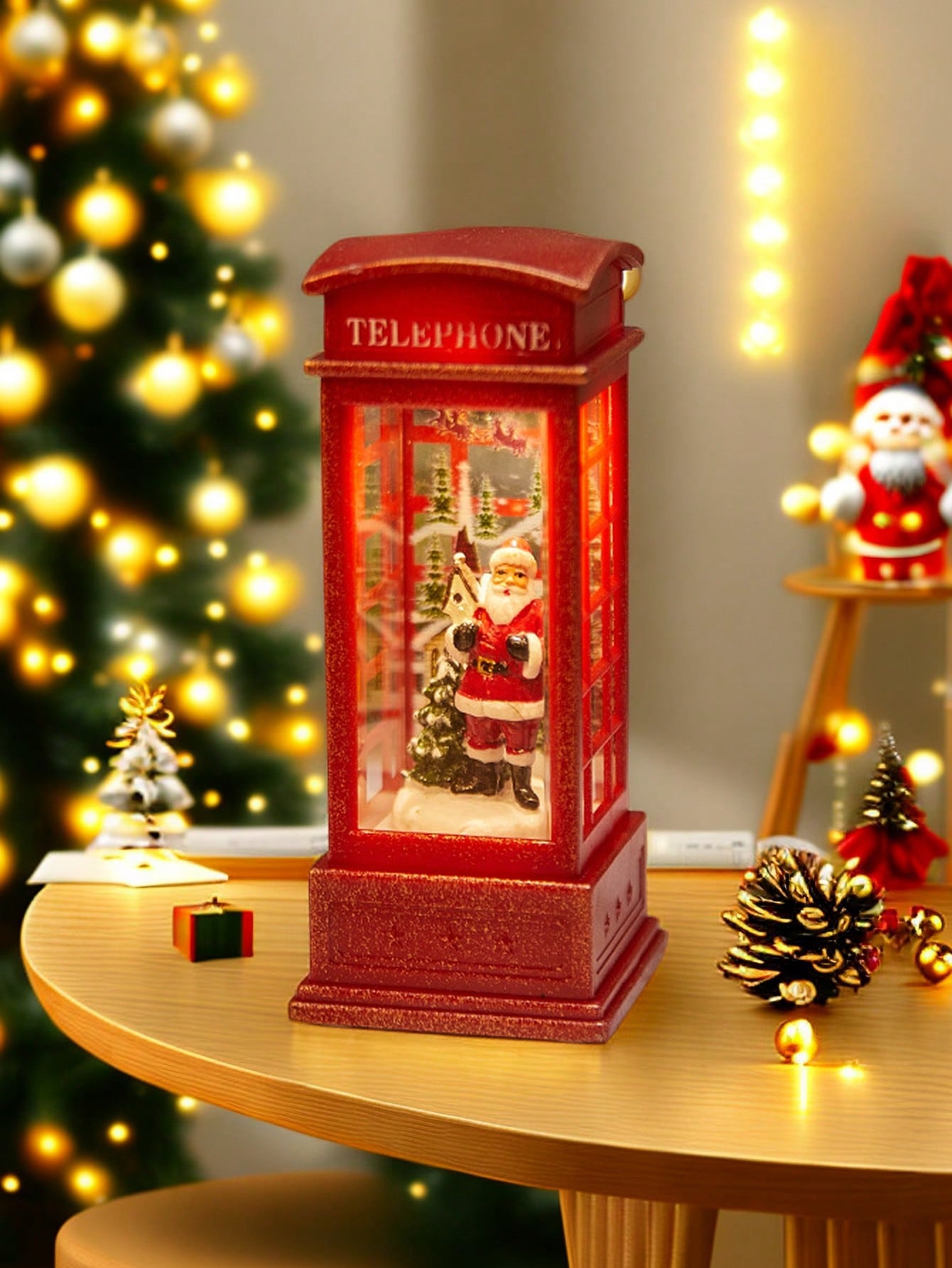 1pc Christmas Decoratives,Christmas Lanterns,Christmas Snow Globe,Musical Lighted Christmas,USB and Battery Glittering Swirling Red Telephone Booth