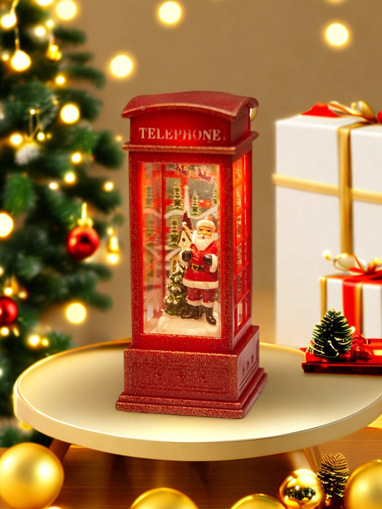 1pc Christmas Decoratives,Christmas Lanterns,Christmas Snow Globe,Musical Lighted Christmas,USB and Battery Glittering Swirling Red Telephone Booth