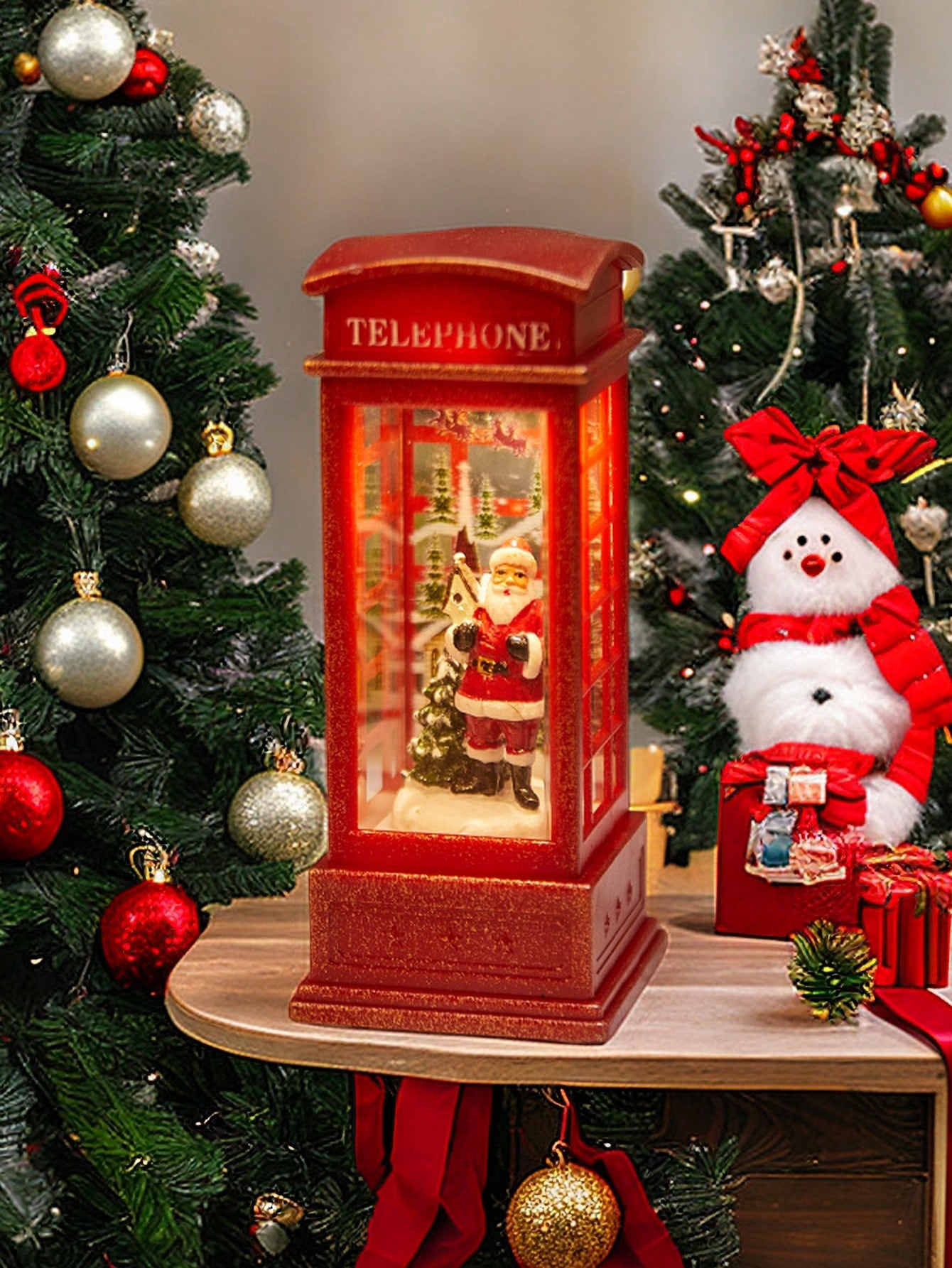 1pc Christmas Decoratives,Christmas Lanterns,Christmas Snow Globe,Musical Lighted Christmas,USB and Battery Glittering Swirling Red Telephone Booth