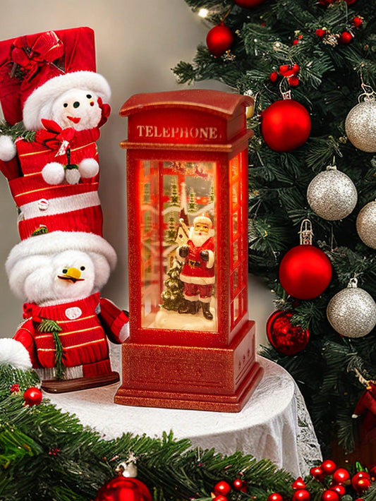 1pc Christmas Decoratives,Christmas Lanterns,Christmas Snow Globe,Musical Lighted Christmas,USB and Battery Glittering Swirling Red Telephone Booth