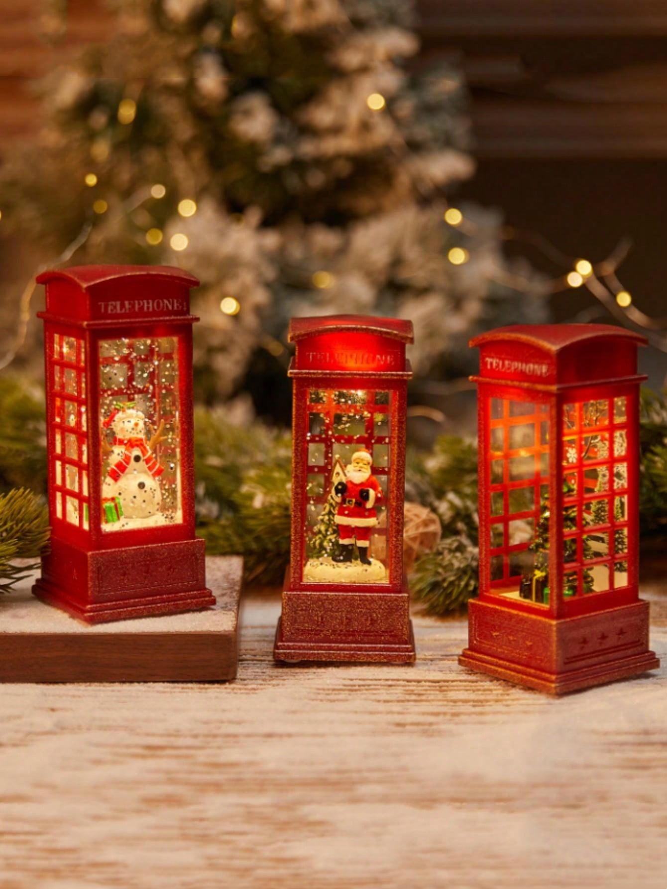 1pc Christmas Decoratives,Christmas Lanterns,Christmas Snow Globe,Musical Lighted Christmas,USB and Battery Glittering Swirling Red Telephone Booth