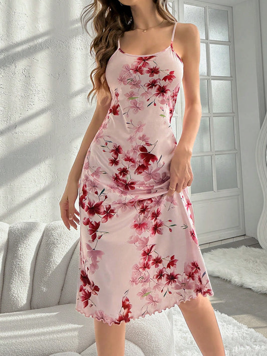 Floral Printed Spaghetti Strap Sleep Dress Pajama Dress