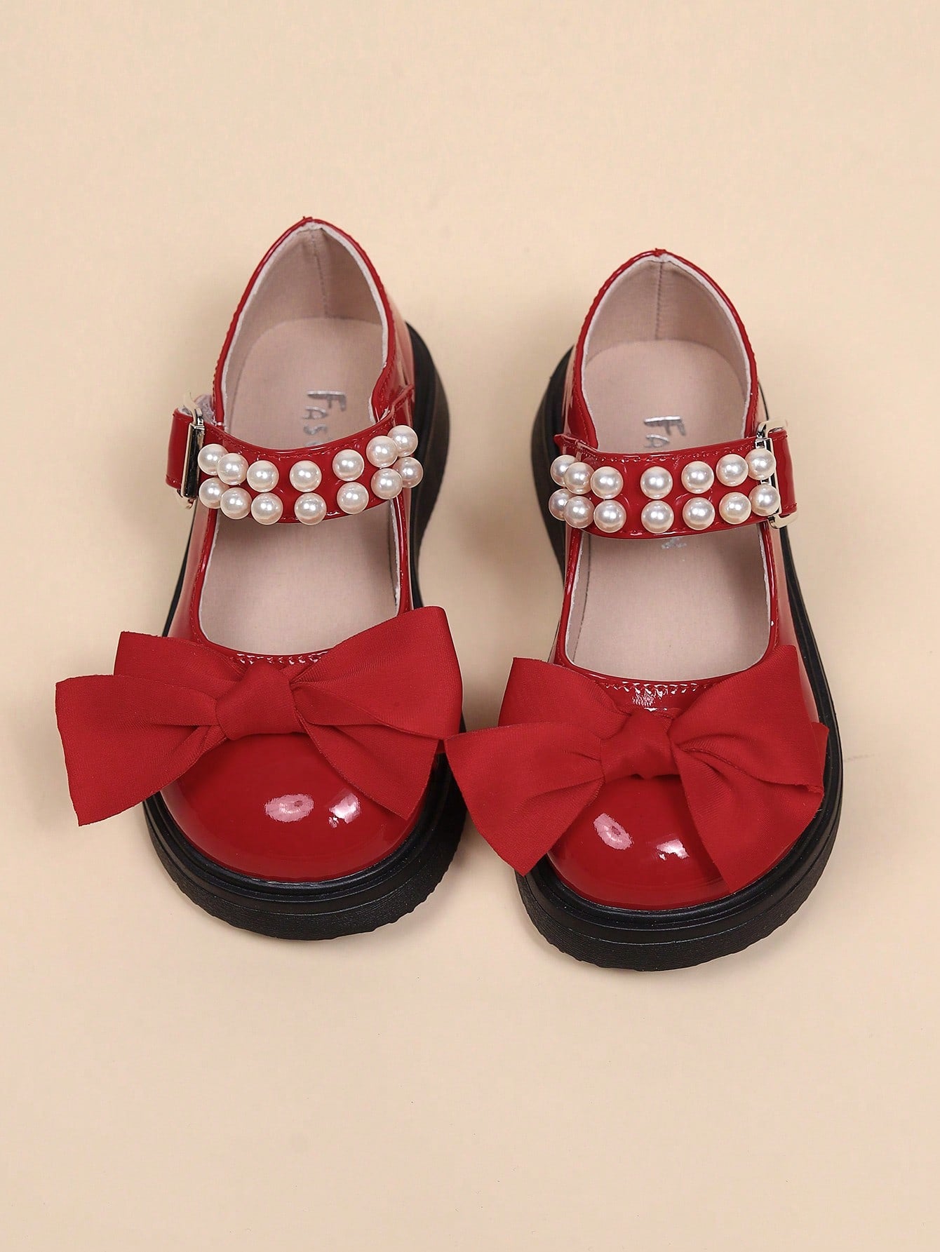 Girls Faux Pearl Bowknot Decor Shiny Leather Mary Jane Casual Flat Shoes, Princess