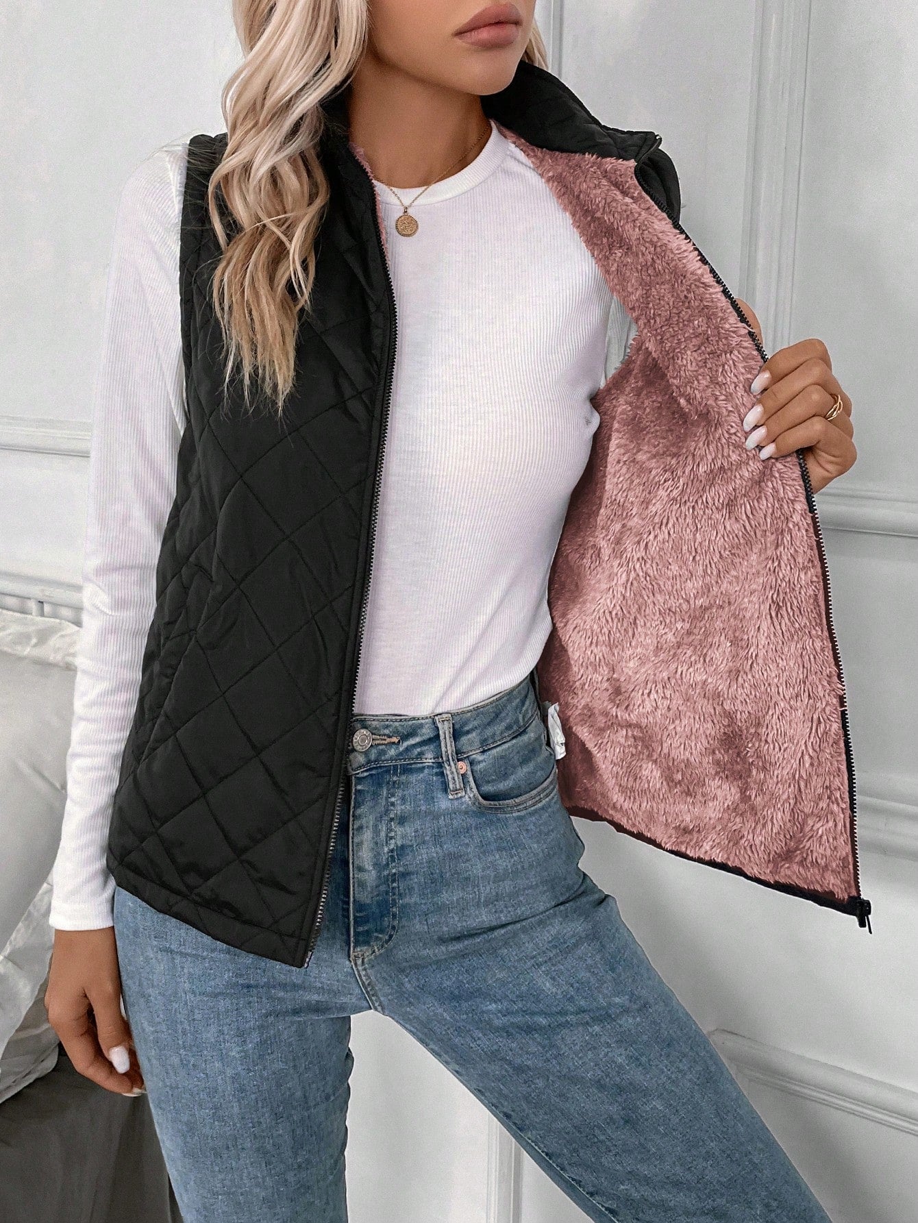 LUNE Zip Up Teddy Lined Vest Quilted Coat