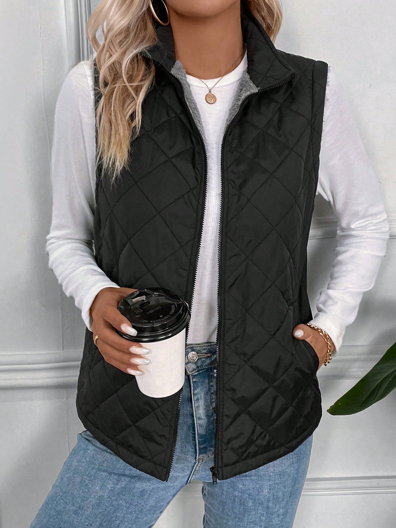 LUNE Zip Up Teddy Lined Vest Quilted Coat