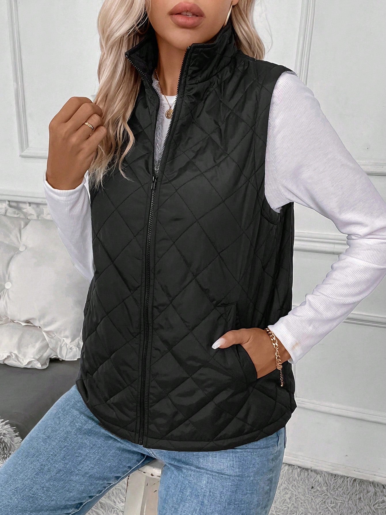 LUNE Zip Up Teddy Lined Vest Quilted Coat