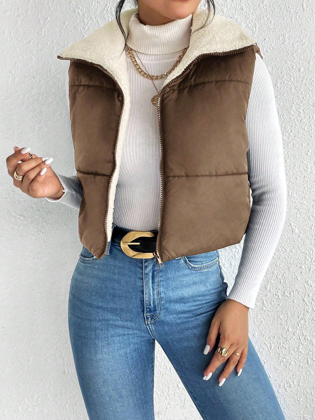 Frenchy Zip Up Teddy Lined Puffer Vest Coat