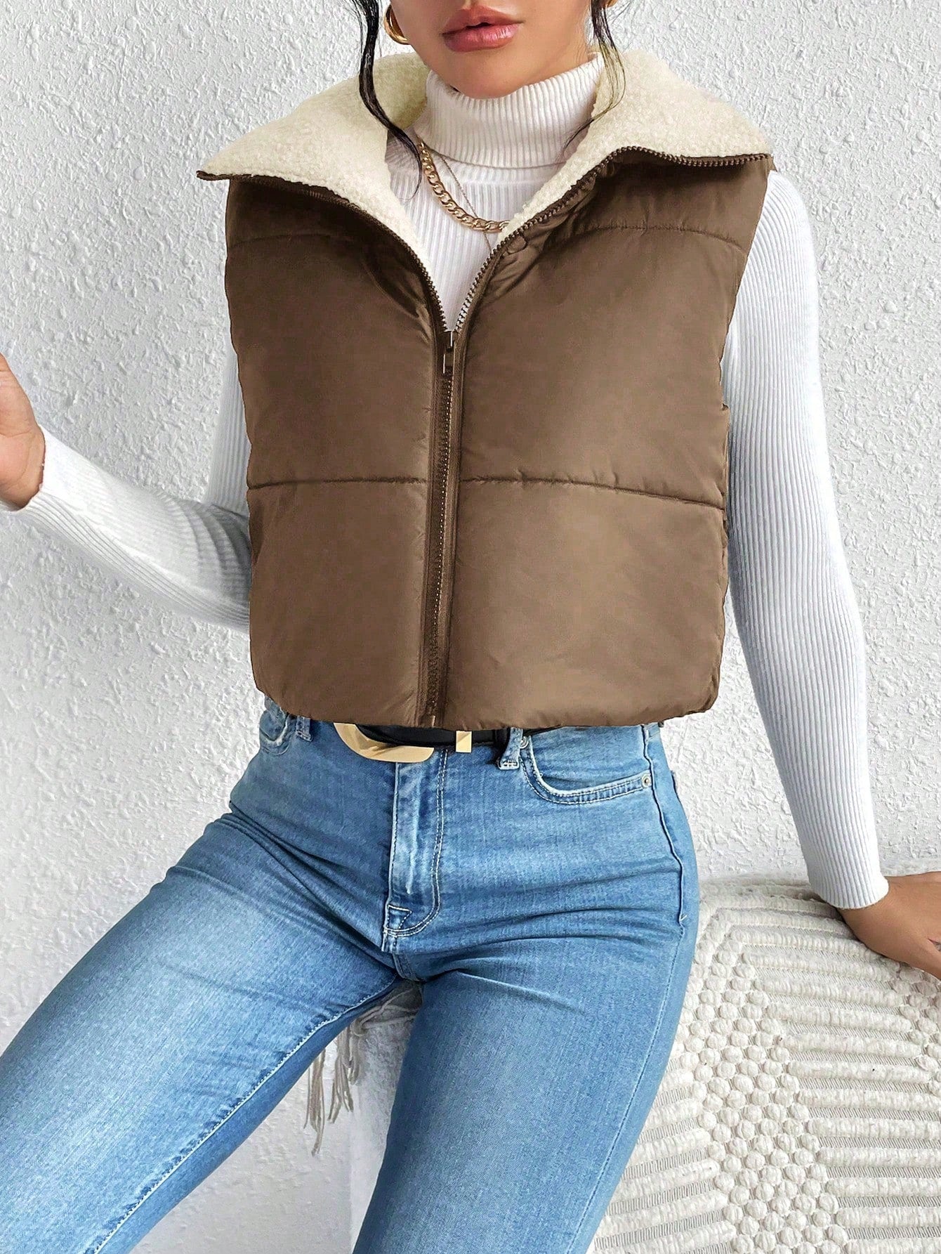 Frenchy Zip Up Teddy Lined Puffer Vest Coat