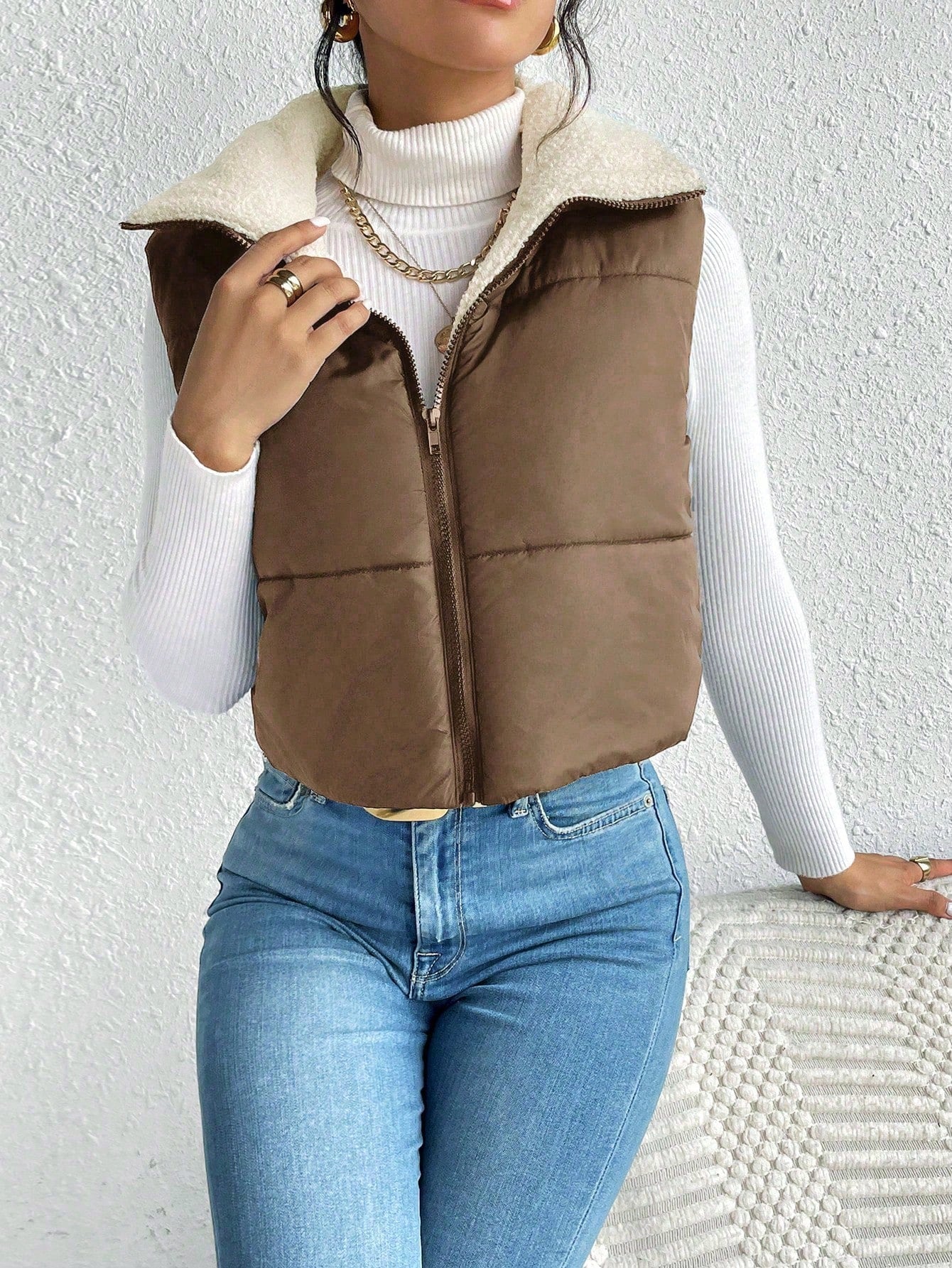 Frenchy Zip Up Teddy Lined Puffer Vest Coat