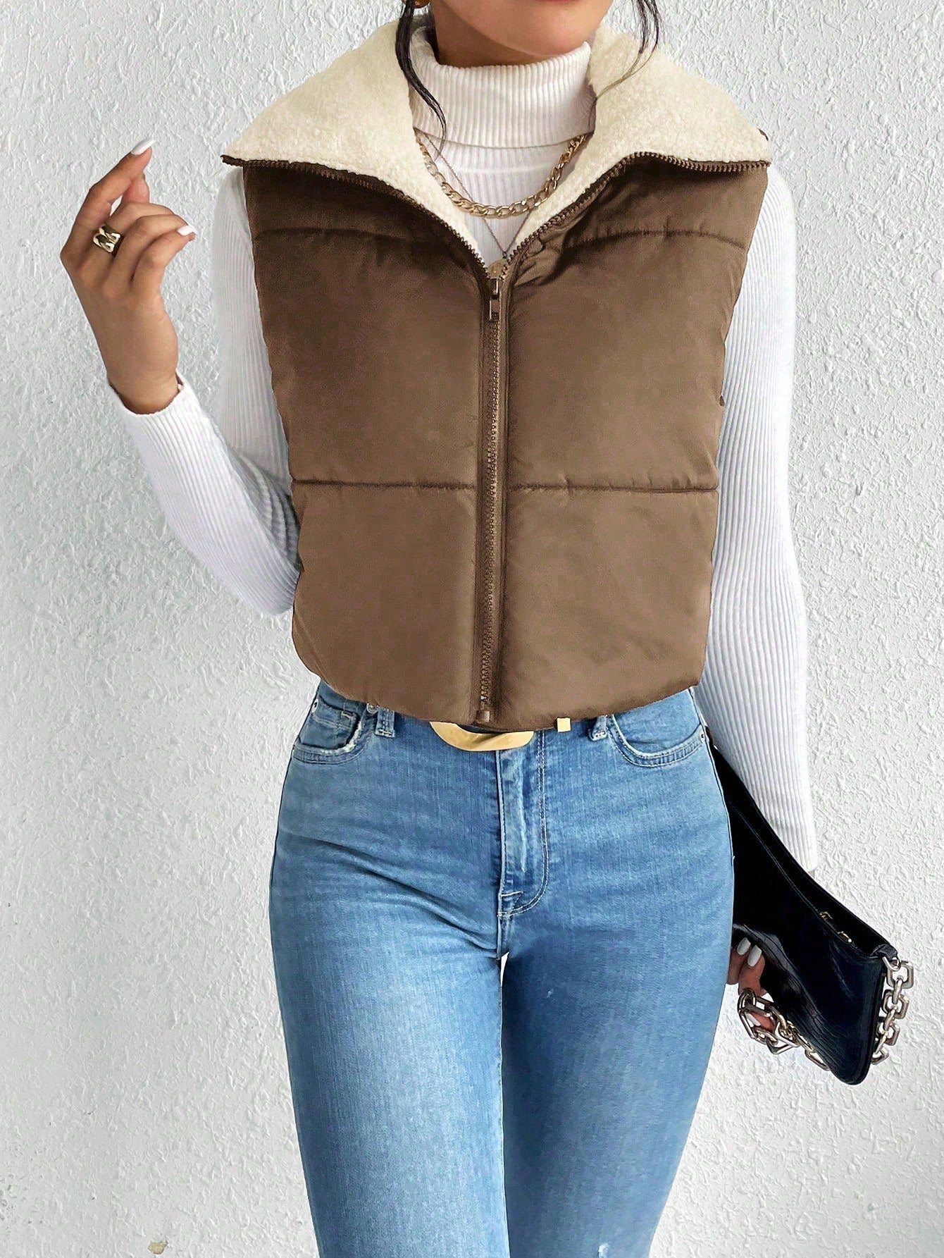 Frenchy Zip Up Teddy Lined Puffer Vest Coat