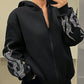 ICON Zip Up Hoodie Spring Black Loose Fit Long Hoodie With Flame Rhinestone Print