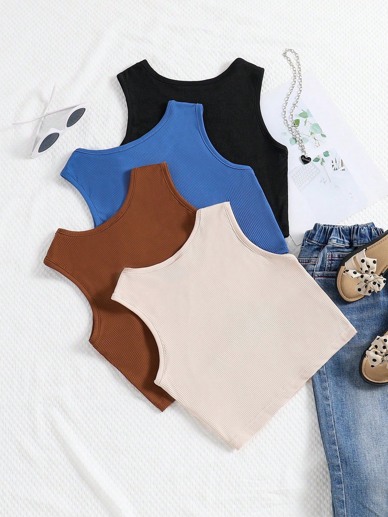 Tween Girl 4pcs/Set Solid Color Ribbed Tank Tops