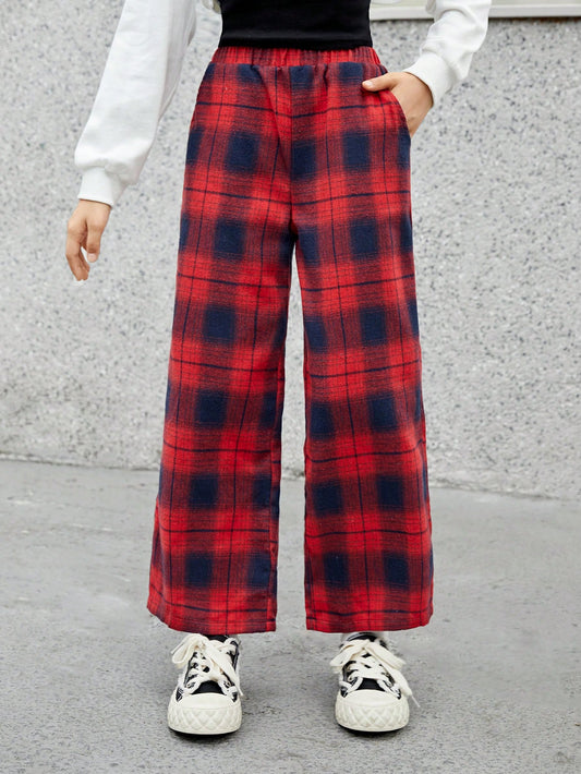 Tween Girls Loose Plaid Print Pants, Suitable For Autumn And Winter