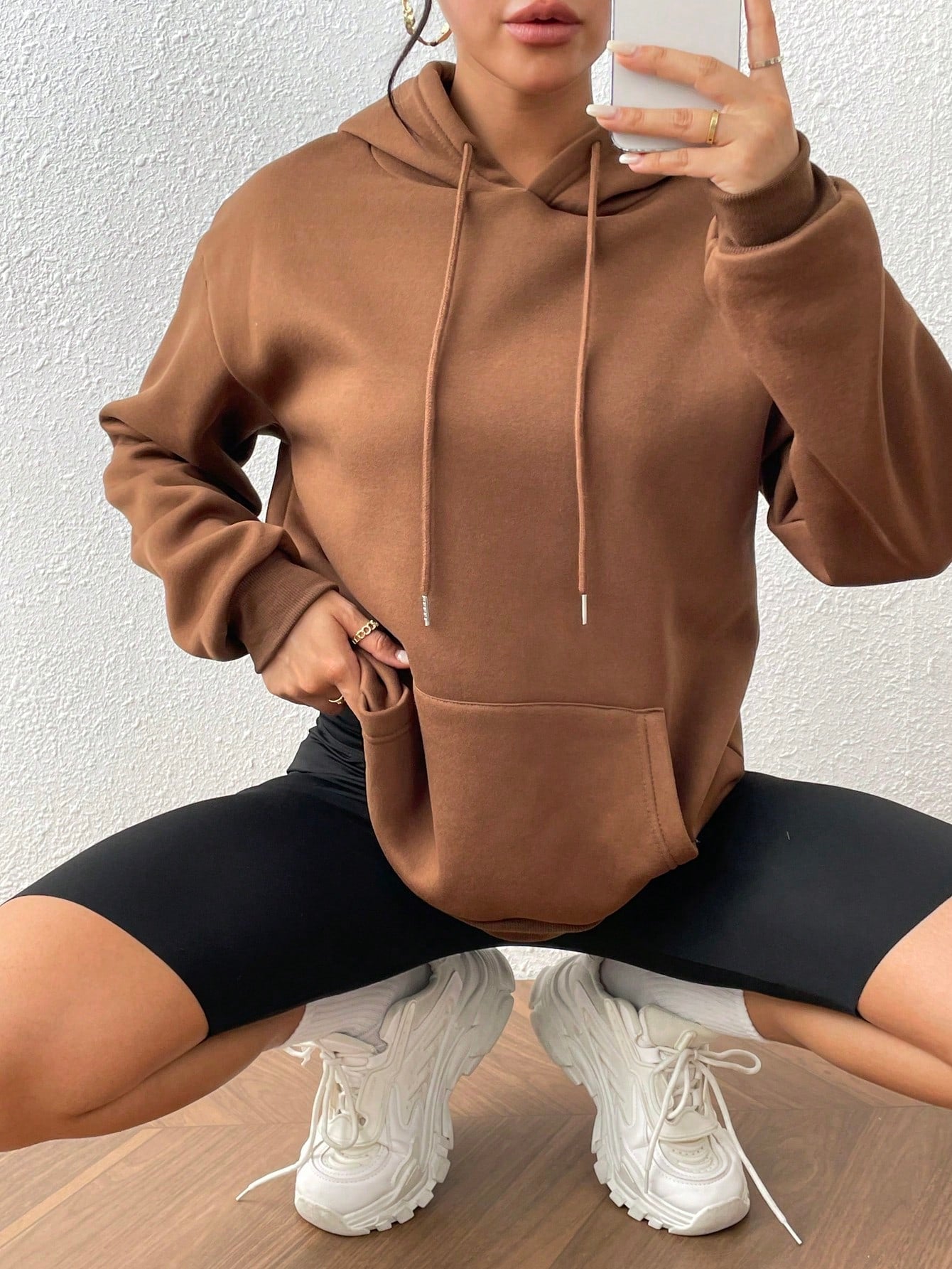 EZwear Kangaroo Pocket Drop Shoulder Drawstring Hoodie,Long Sleeve Tops